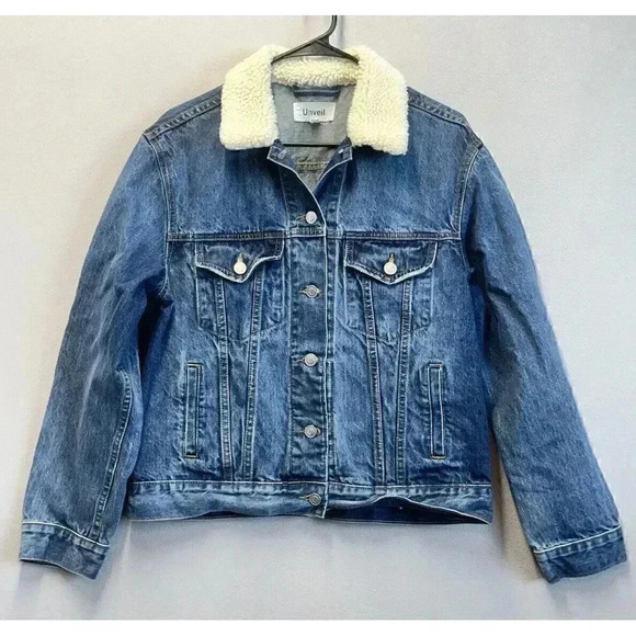 Unveil Women's Size Large Wash‎ Jean Trucker Jacket with Fuzzy Sherpa Collar - Picture 1 of 7